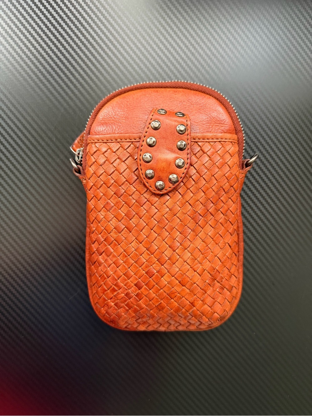 Vilenca Holland Cognac Woven Leather Phone Crossbody Bag